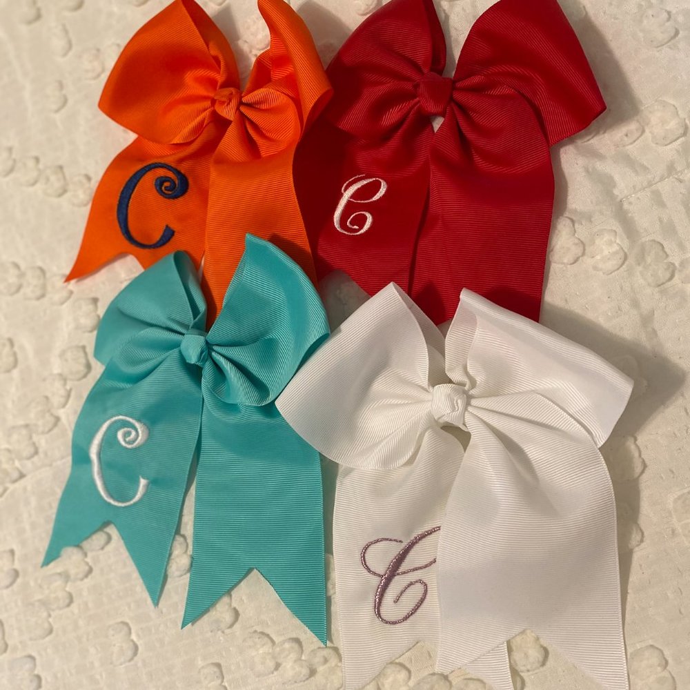 4 Monogrammed C Bows- red, orange, teal, white